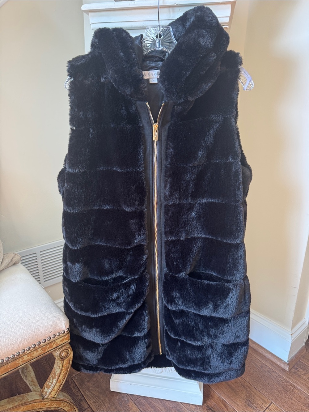 Via Spiga Black Faux Fur Hooded Vest with Gold Zipper